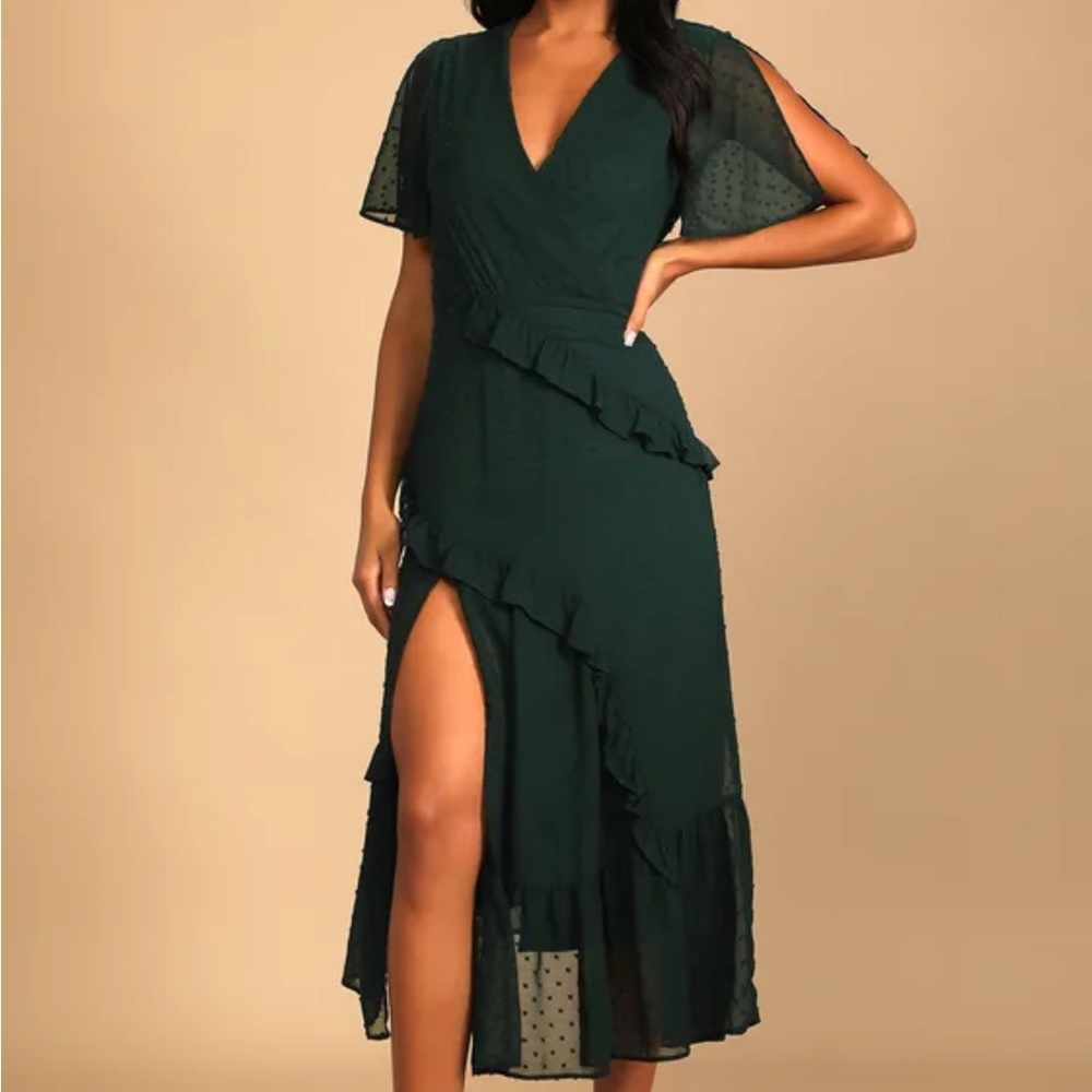 Lulus Next to You Emerald Green Swiss Dot Ruffled Midi
Dress Size L